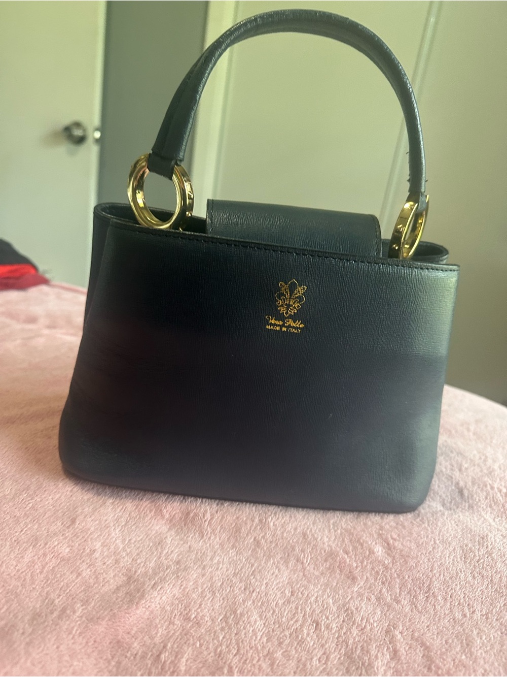 Vera Pelle dark blue Leather Satchel with Gold Hardware